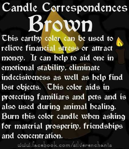 Brown Candle Correspondence Brown Candle Meaning, Candle Correspondence, Witchcraft Candle Magic, Candle Meanings, Candle Magik, Color Magick, Brown Candle, Candle Colors, Candle Color Meanings