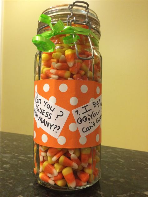 "Guess how many candy corns" jar I made for Halloween 17 party. Guess How Many Candy Corn In Jar, Guessing Jar, Church Halloween, Halloween Games For Kids, Room Mom, Raffle Baskets, Fall Fest, Thanksgiving Theme, Halloween 2019