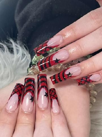 Red And Black Emo Nails, Goth French Tips, Emo Acrylics, Red And Black Y2k Nails, Red Emo Nails, Ptv Nails, Nail Ideas Red And Black, Dope Nail Designs Square, Simple Gothic Nails