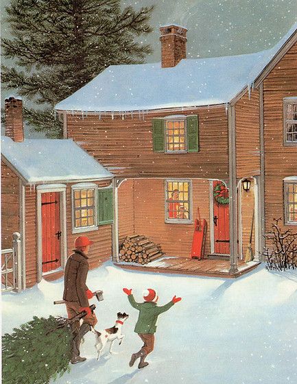 Vintage Christmas Images 1950s, Norman Rockwell Art, Christmas Card Illustration, House Cartoon, Merry Christmas Gif, Vintage Illustration Art, Cabin Christmas, Vintage Christmas Images, Christmas Interiors