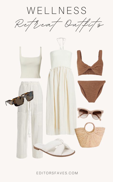 Retreat Outfits Summer, Wellness Retreat Outfits, Retreat Outfits, Vacay Clothes, Beach Resort Outfits, Resort Outfits, Elegant Summer Outfits, Luxury Wellness, Packing Guide