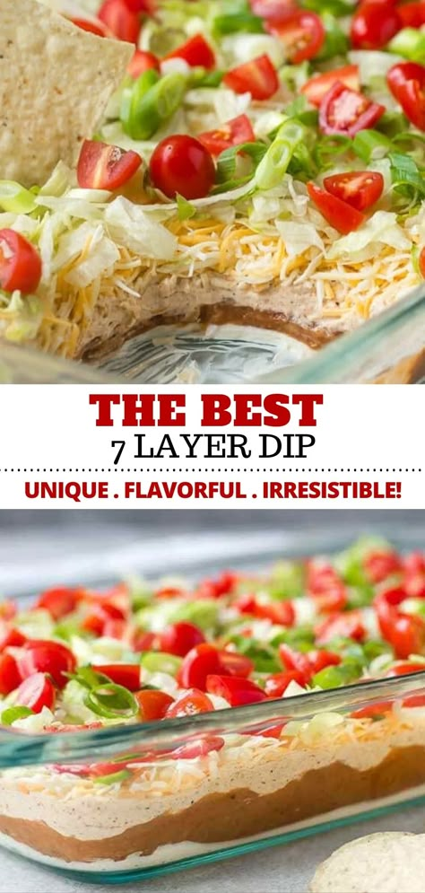 This isn’t your ordinary 7 layer dip recipe – it’s the best and has a couple unique layers that make it really stand out from the crowd. It’s easy and has a wonderful Mexican flavor. Make it for your next party or game day and everyone will be asking for the recipe! #appetizer #dip #7layerdip #partyfood #gameday Mexican Dip Recipes, Layer Dip Recipe, 7 Layer Taco Dip, 7 Layer Dip Recipe, Mexican Layer Dip, Layered Dip Recipes, Layered Bean Dip, Layered Taco Dip, Taco Dip Recipe