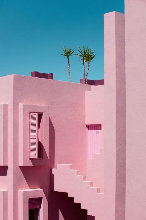 Pink house | Aesthetic architecture | Palms | Blue sky | Minimalism Cool Pink Aesthetic, Pink Photography Aesthetic, Pink In Nature, Eyewear Photoshoot, Blue Pink Aesthetic, Chimi Eyewear, Pink And Blue Aesthetic, Pink Blue Aesthetic, Colourful Pictures