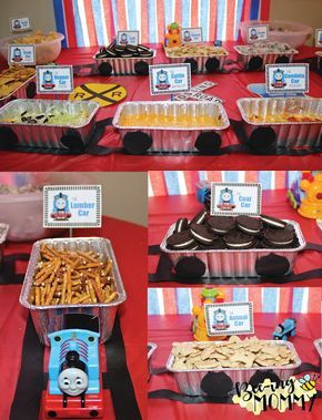 Thomas the Train Birthday Party Food Ideas Train Birthday Snacks, Jack Marshall, Train Birthday Party Food, Train Theme Party, Train Birthday Theme, Thomas Train Birthday, Chugga Chugga Two Two, Train Theme Birthday Party, Thomas Party