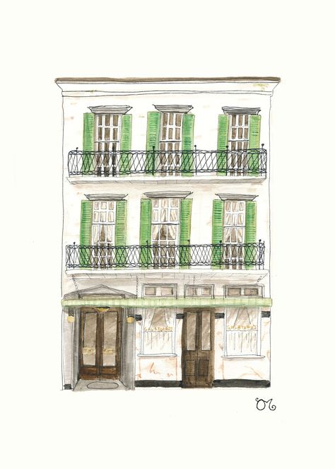 "Archival Giclée print on studio WC paper (similar to paper of original) of a watercolor painting of one of the restaurants in the city, Galatoire's!  With wonderful French Quarter architecture and timeless interior, this is a New Orleans classic building that is sure to remind you of this unique city each time you see it.  \"New Orleans doesn't have treasures the way an Uptown lady has pearls and jewelry. They are not superfluous extravagances. Instead, our treasures are like the body's beating New Orleans Sketch, Architecture Watercolor, St Louis Cathedral, Colour Architecture, Classic Building, New Orleans French Quarter, Timeless Interior, Building Illustration, New Orleans Homes