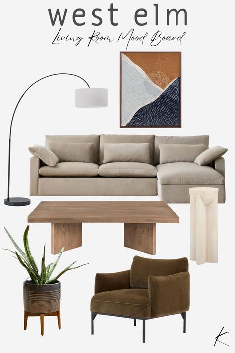 West Elm Mood Board, West Elm Harmony Sofa Living Room, West Elm Color Palette, Small Living Room Mood Board, West Elm Living Room Ideas, Living Room West Elm, Warm Neutral Living Room, West Elm Living Room, Living Room Mood Board