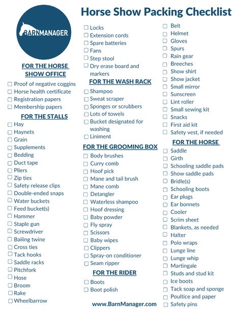 Printable horse show packing list! #HorseShow #HorseShowPackingList Horse Trailer Checklist, Horse Show Packing List Equestrian, Horse Show Checklist English, Horse Show List, Horse Show Essentials, Horse Show Names Ideas, Horse Show Packing List, First Horse Checklist, Horse Journal Ideas