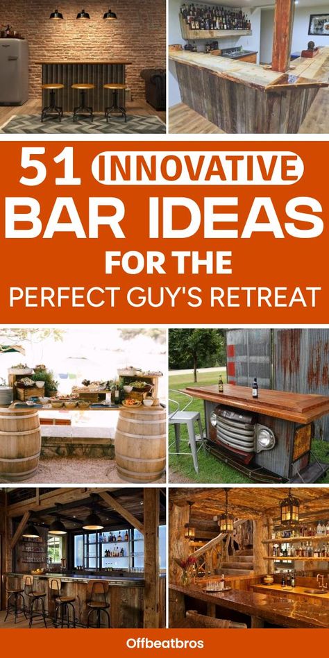 Finding the right Man Cave Bar Ideas can be overwhelming. These 51 DIY designs will help you create a stunning man shed bar that’s perfect for any occasion. Don’t forget to save this pin for all your bar makeover needs! Makeshift Bar Ideas, Unique Brewery Design, Unusual Bar Ideas, Diy Bar Build, Diy Rustic Bar Ideas, Bar Fronts Ideas, Country Bar Decor, Mancave Bar Ideas Diy, Diy Bar Top Ideas