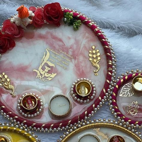 Resin Karwachauth Thali, Resin Pooja Thali Ideas, Resin Thali, Pooja Thali Decoration Ideas, Diwali Thali, Resin Pooja Thali, Diy Fall Wedding Decorations, Arti Thali, Bridal Gifts For Bride