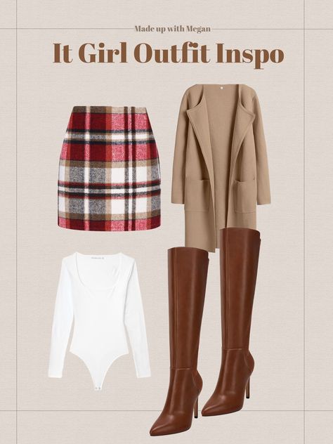 Plaid skirt, red, fall outfit, cute girly outfit, it girl aesthetic, tall brown boots, white body suite, layered outfit Plaid Red Skirt Outfit, Red Plaid Skirt Outfit Winter, Fall Plaid Skirt Outfit, Plaid Mini Skirt Outfit Fall, Virgo Midheaven, Red Plaid Skirt Outfit, Plaid Mini Skirt Outfit, Skirt Outfit Fall, Layered Outfit