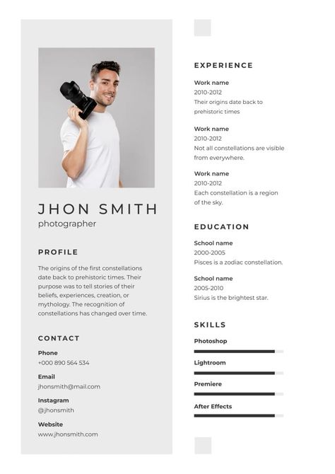 Professional Minimalist Jhon Smith Photographer Resume Photographer Resume Design, Photographer Resume, Presentation Maker, Invitation Maker, Photo Collage Maker, Social Media Schedule, Sticker Maker, Background Remover, Brand Kit