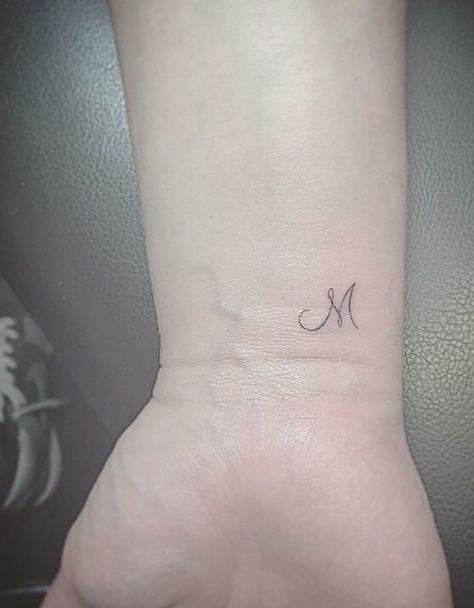 single needle tattoos                                                                                                                                                                                 More Tiny Initial Tattoo, Letter M Tattoos, Initial Tattoos, Tattoos For Women Small Meaningful, M Tattoos, Single Needle Tattoo, Ring Finger Tattoos, The Letter M, Парные Тату