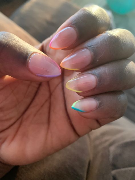 Almond Nails Multicolor Tips, Split Color French Tip Nails, Short Almond French Tip Nails Color, Multicolor French Tip Nails Almond, Lined French Tip Nails, Summer Nails French Tip Color Combos, Colored French Tip Nails Almond, Almond Nails French Tip Color, French Tip Short Almond Nails