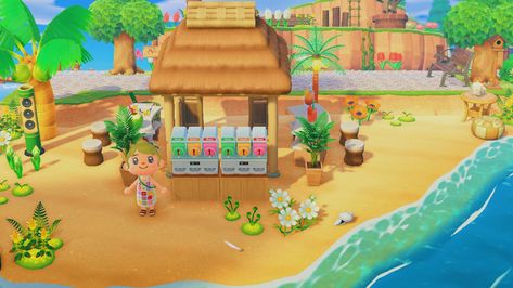 Acnh Beach Ideas Tiki Bar, Acnh Smoothie Bar, Animal Crossing Tiki Bar Ideas, Acnh Rooftop Design, Acnh Tiki Bar Design Code, Acnh Tiki Bar Design, Acnh Juice Bar, Animal Crossing Tiki Bar, Acnh Bar