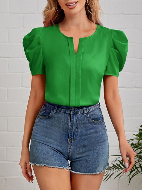 Green Casual Collar Short Sleeve Polyester Plain Top Embellished Non-Stretch  Women Tops, Blouses & Tee Blouses For Women Casual Classy, Blouse Outfit Casual, Plaid Jacket Women, African Blouses, Women Blouses Fashion, Elegante Casual, Fashion Nova Tops, Fashionista Clothes, Crop Top Outfits