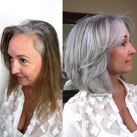 Transitioning to Gray Hair 101, NEW Ways to Go Gray in 2020 - Hair Adviser Natural White Hair, Grey Hair Care, Grey Hair Looks, Modern Short Hairstyles, Grey Hair Dye, Gray Hair Growing Out, Natural Gray Hair, Transition To Gray Hair, Blending Gray Hair