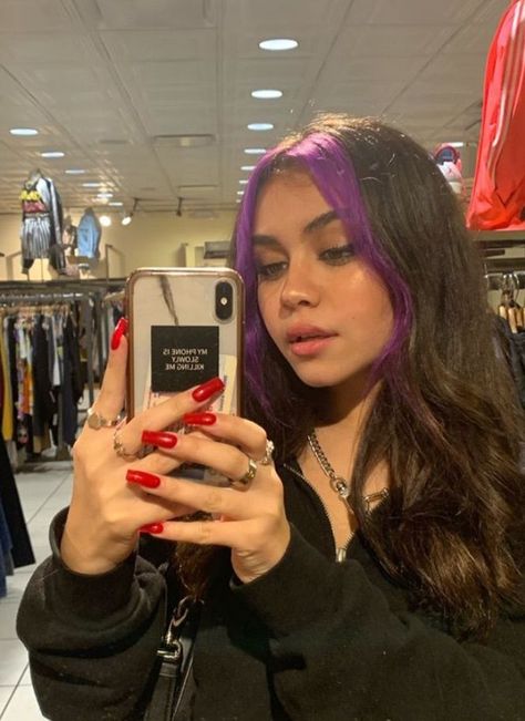 Colored Front Hair Streaks, Purple Egirl Hair, Dyed Hair Front Strands Only, Dyed Streaks In Hair, Front Strands Of Hair Dyed, Egirl Hair Strands, Dyed Hair Aesthetic, Egirl Hair, E Girl Hair