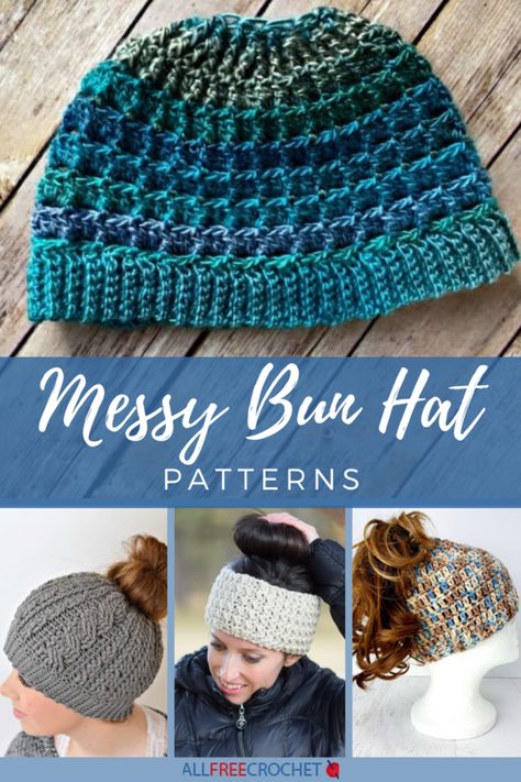 These ponytail hat patterns are easy to work up and come in all colors and yarn weights, from worsted weight up through super bulky! Crochet bun hats are very similar to normal crochet beanie patterns, but there's a hole at the top of the hat for you to pull your ponytail or your bun through. This way you can still wear your hair up and out of your face underneath a warm and cozy winter crochet hat! Take a look around, find your next favorite bun hat and join in the craze. Crochet Ponytail Beanie, Crochet Ponytail Hat Pattern, Crochet Messy Bun Hat, Messy Bun Hats, Messy Bun Hat Crochet Pattern, Ponytail Hat Pattern, Bun Hat Crochet Pattern, Crochet Bun Hat, Messy Bun Hat Pattern