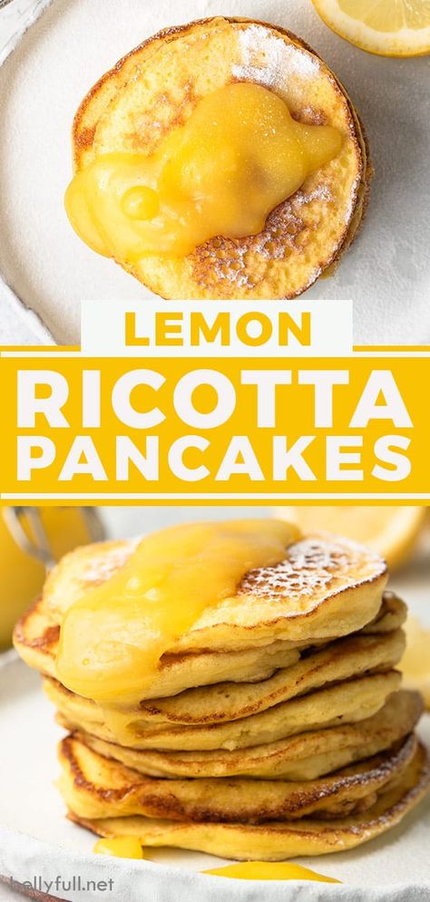 These creamy Lemon Ricotta Pancakes are a cross between a fluffy traditional pancake and a delicate crepe. Drizzled with wonderful lemon curd, they are out of this world delicious! Lemon Curd Ricotta Pancakes, Lemon Curd Pancakes Recipe, What To Do With Lemon Curd, Lemon Curd Pancakes, Curd Pancakes, Pancakes With Lemon Curd, Lemon Ricotta Pancakes Recipe, Gooooood Morning, Apartment Cooking