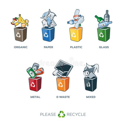 Trash Segregation Bins for Organic Paper Plastic Glass Metal Mixed Waste. Illust , #Ad, #Glass, #Plastic, #Mixed, #Metal, #Paper #ad Recycling Activities For Kids, Recycling Activities, Recycle Symbol, Earth Day Activities, Labels Printables Free, Recycled Projects, Reduce Reuse Recycle, Recycle Trash, Reuse Recycle