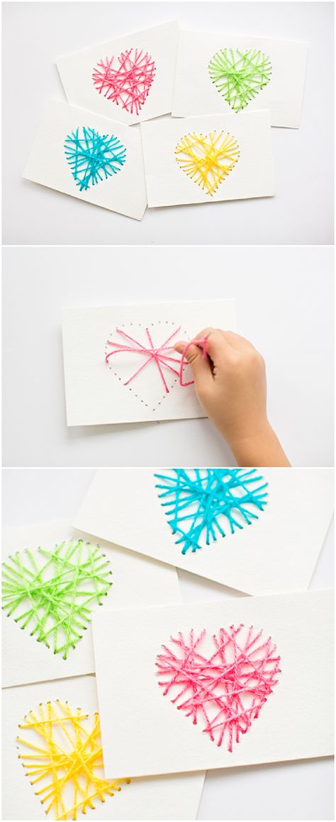 Make String Heart Yarn Cards. These make pretty handmade Valentine cards and are a great threading sewing activity for kids! Kunst For Barn, String Heart, Sewing Activities, Hantverk Diy, Valentine Cards Handmade, Diy Bricolage, Handmade Valentine, Mothers Day Crafts, Valentine Day Crafts