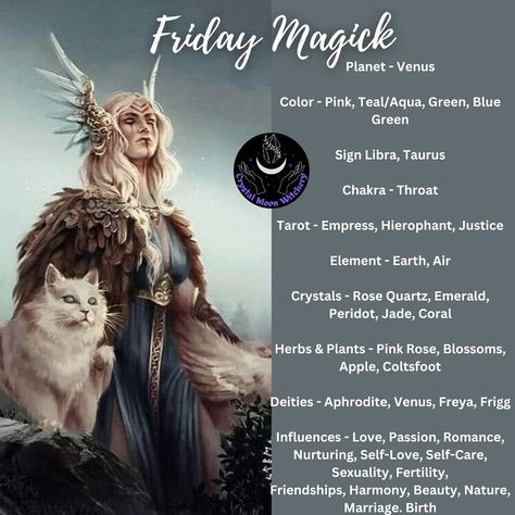 Credit: Crystal Moon Witchery Friday Magick Spells, Friday Correspondences, Friday Spells, Friday Magick, Weekly Rituals, Friday Magic, Daily Magic, Powerful Witch, Witch Kitchen