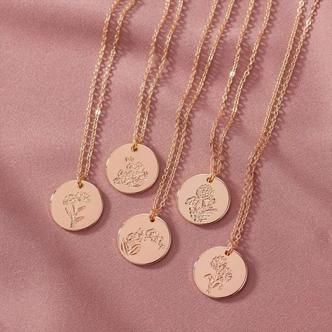 Necklaces Dainty, Disk Necklace, Birth Flower Necklace, Floral Pendant Necklace, Hand Stamped Necklace, Month Flowers, Floral Pendant, Gold Engraving, Jewelry Birthday