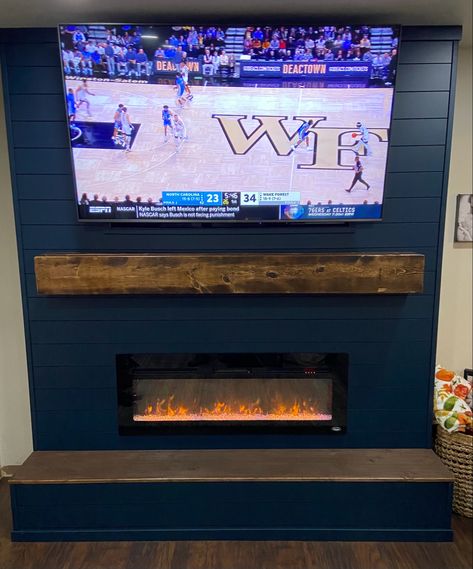 Navy Shiplap Fireplace Wall, Navy Blue Mantle, Navy Blue Shiplap Fireplace, Navy Shiplap Fireplace, Blue Shiplap Fireplace, Fireplace Bump Out Wall, Blue Fireplace Wall, Navy Blue Fireplace, Blue Shiplap