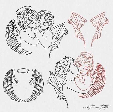 Two Cherubs Tattoo, Small Cherub Tattoo, Angel Flash Tattoo, Cherubs Tattoo, Patch Work Tattoo Ideas, 2 Cherubs, Cherub Tattoo Designs, Angel Devil Tattoo, Tattoo Sketchbook