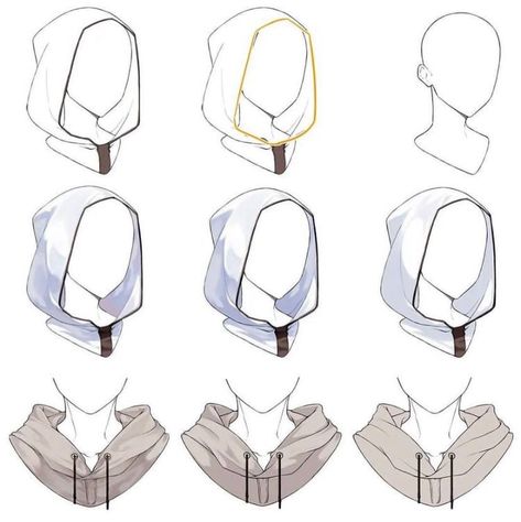 Drawing Hoods Reference, How To Draw A Hood Down, Clothing For Drawing, Hood Drawings Reference, Head Scarf Drawing Reference, Hood Drawings Sketches, Free Sketches To Use, Characters With Hoodies, How To Draw Hood