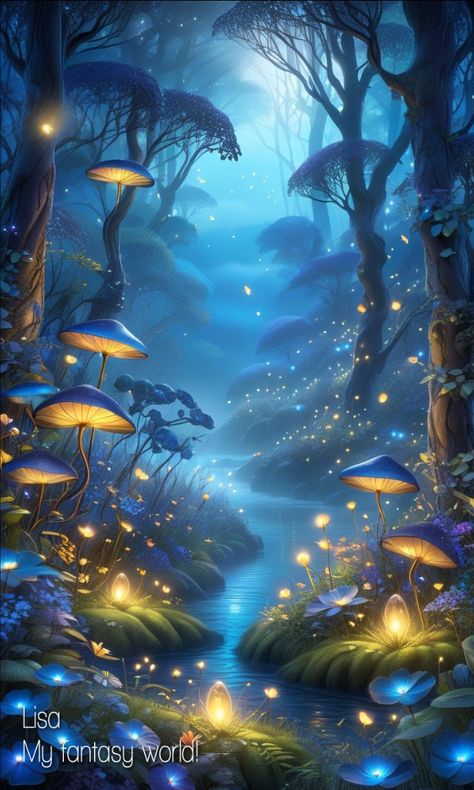 Forest Fairy Aesthetic, Mushroom Forest Fantasy Art, Fantasy Bioluminescent Forest, Mystical Woods Magical Forest, Fantasy Glowing Forest, Glowing Mushroom Forest, Floating Lanterns, Fairy Aesthetic, Mystical Forest