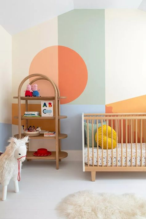 45 Gender-Neutral Nursery Ideas and Themes Anyone Will Love Contemporary Nursery, Vintage Crib, Wood Crib, Unique Nursery, Baby Room Design, Block Wall, Gender Neutral Nursery, Baby's Room, Toddler Room