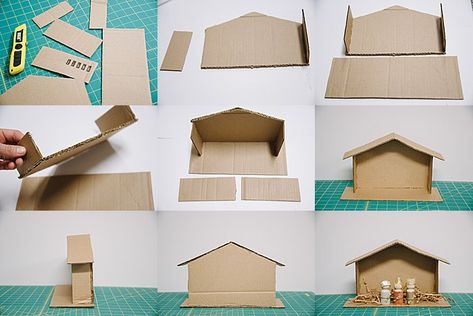 Cardboard Stable Nativity, Diy Mini Nativity Stable, Dyi Nativity Set, Diy Nativity Creche, Diy Manger Stable Cardboard, Navitity Scene Diy, Home Made Nativity Scene, Diy Creche Nativity, Nativity Diy Kids