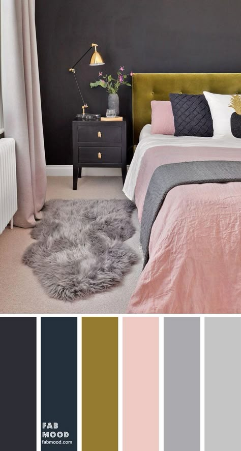 Wedding hairstyles, decoration , Color Inspiration - Fabmood | Wedding Colors, Wedding Themes, Wedding color palettes Dark Grey Pink Bedroom, Charcoal Grey Bedroom Ideas Accent Wall, Blue Bedroom With Pink Accents, Charcoal Color Combination, Dark Grey And Pink Bedroom, Pink Blue Bedroom, Charcoal Bedroom, Blue And Pink Bedroom, Beautiful Bedroom Colors