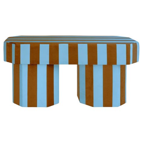 Viva stripe blue and brown bench by houtique dimensions: d 100 x w 45 x h 48 cm materials: velvet, upholstery, wood also available in different colours. Viva bench. Designed by carolina mico. Made in spain. Upholstered bench in flame-retardant velvet, with a wooden frame and high-density foam (35 kg super soft hazelnut).  this piece is attributed to the mentioned designer/maker. It has no attribution mark and no   official proof of authenticity,   however it is well documented in design history. Striped Furniture, Artichoke Lamp, Spanish Modern, Blue Bench, Directory Design, Modern Upholstery, Modern Art Deco, Velvet Color, Upholstered Bench