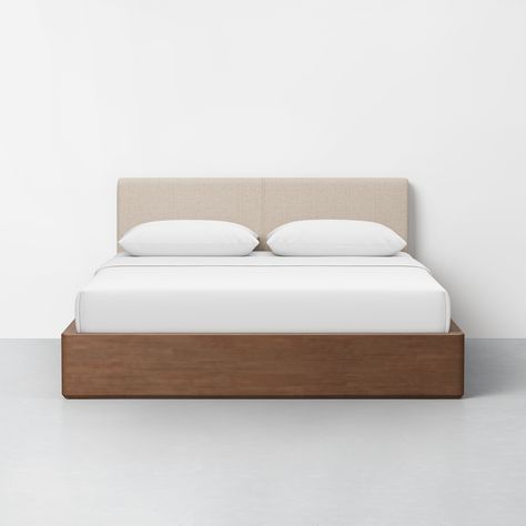 The purest form of the platform bed, with clean lines and a continuous design. Interior Japanese joinery and hand screws provide a smooth look and streamlined set-up. Crafted from solid upcycled rubberwood. | Essential Bed in Walnut, Dune Pillowboard | Size: Queen | Thuma Thuma Bed, Minimalist Platform Bed, Bedside Tray, Sf Apartment, Walnut Bedside Table, Bed Classic, Elevated Bed, Japanese Joinery, Pedestal Side Table