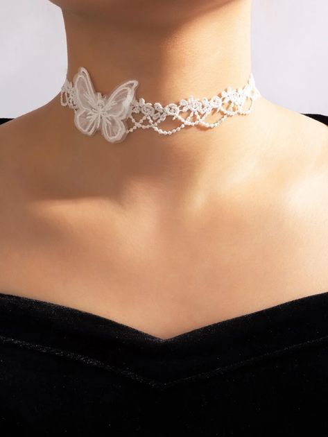 White Lace Choker, Black Lace Choker Necklace, Lace Butterfly, White Choker, Black Lace Choker, Lace Choker Necklace, Embellished Fashion, Gothic Chokers, Bridal Choker