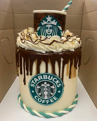 Iced Coffee Cake Design, Coffee Decorated Cake, Starbucks Bloxburg, Starbucks Birthday Cake, Infused Chocolate, Starbucks Cake, Starbucks Birthday, Small Birthday Cakes, Caramel Frappuccino