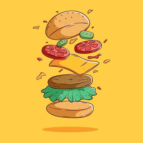 Cheese Burger Drawing, Burger Cartoon Art, Burger Vector Illustration, Burger Drawing Easy, Burger Artwork, Burger Graphic Design, Drawing Burger, Burger Wallpaper, Hamburger Drawing