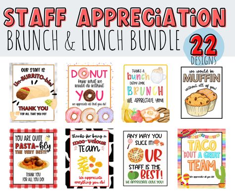 Lunch & Bruch Staff Appreciation Sign Bundle of 22. - Etsy Teacher Appreciation Baked Potato Bar, Teacher Appreciation Food Ideas For Staff, Teacher Puns Staff Appreciation, Employee Appreciation Themes, Nursing Home Week Ideas For Staff, School Staff Appreciation Ideas, Bagel Donut, Brunch Signs, Employee Appreciation Week