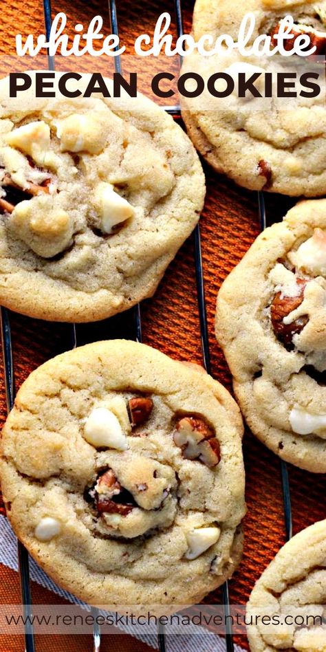 White Chocolate Chip Pecan Cookies by Renee's Kitchen Adventures is an easy soft drop cookie recipe with cookies studded with white chocolate chips and crunchy pecans. So good! Nice change from ordinary chocolate chip cookies! #chocolatechipcookies #RKArecipes Swirl Sugar Cookies, White Chocolate Chip Cookies Recipes, Drop Cookie, Drop Cookie Recipes, Chocolate Chip Pecan Cookies, White Chocolate Chip, White Chocolate Chip Cookies, Pecan Cookies, Drop Cookies