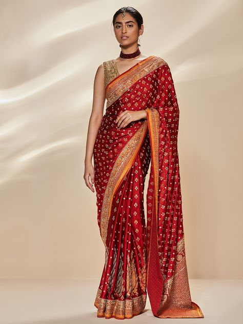 Ritu Kumar Red & Saffron Parampara Zardozi Embroidered Saree With Unstitched Blouse FIT TYPE: LOOSE FITTED USD 6,431 Ritu Kumar Saree, Chinon Saree, Designer Anarkali Suits, Ritu Kumar, Designer Anarkali, Embroidered Saree, Satin Saree, Embellished Blouse, Embroidery Saree