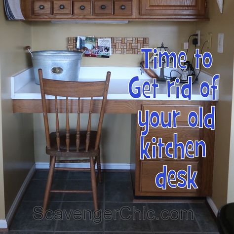 Built In Desk Repurpose, Built In Kitchen Desk Ideas, Kitchen Desk Area Repurpose To Bar, Convert Kitchen Desk To Storage, Kitchen Office Nook, Kitchen Desk Areas, Desk Redo, Wood Desk Top, Desk Nook