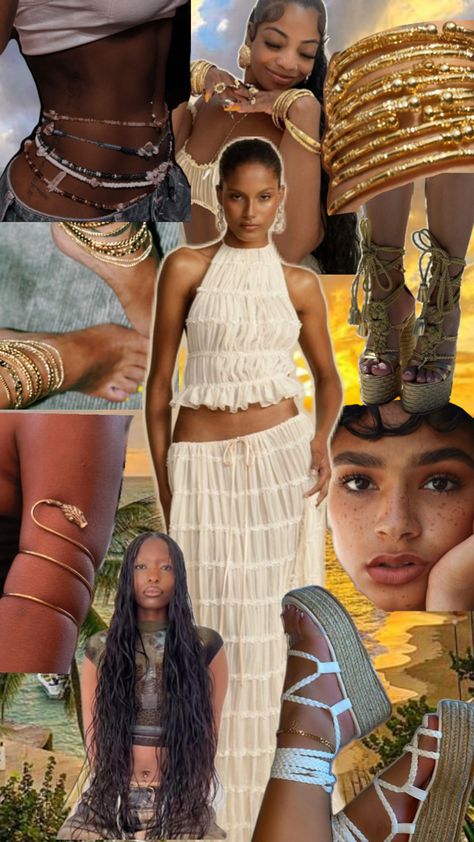 Bohemian white skirt co-ord set, bohemian braids, gold jewelry, platform sandals, natural make up look. Earthy Aesthetic Fashion, Goddess Look, Boho Fits, Goddess Outfit, Caribbean Style, Boho Picnic, Bohemian Aesthetic, Fresh Outfits, Vacation Outfit