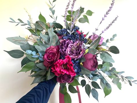 Jewel Tone Bridal Bouquet Boho Wedding Bouquet Silk Flower - Etsy Jewel Tone Bridal Bouquet, Flower Bouquet Eucalyptus, Jewel Tone Wedding Flowers, Teal Bouquet, Bouquet Eucalyptus, Textured Wedding Cakes, Silk Flower Bouquet, Magenta Wedding, Eucalyptus Bouquet