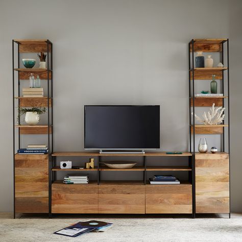 Create your perfect media cabinet with West Elm’s Industrial modular system; $2,797. westelm.com Regal Industrial, Ruang Tv, Tv Stand Designs, Sala Tv, Home Entertainment Centers, Muebles Living, Living Room Entertainment, Rustic Storage, Entertainment Center Decor