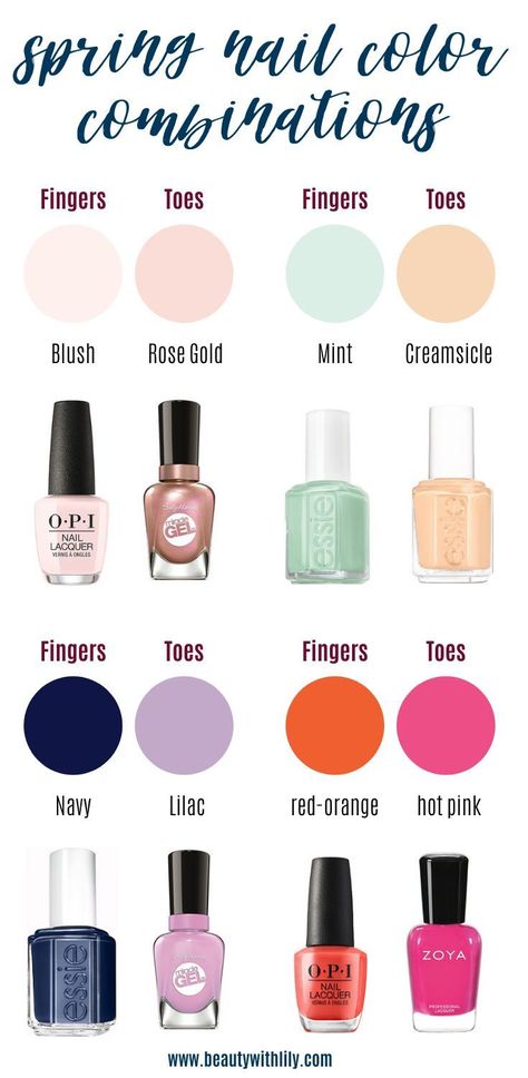 Matching your toes and fingers is SO last year! You will want your next mani and pedi to be in these pretty Spring nail color combinations. Mani Pedi Color Combos, Manicures Ideas, Nail Colors Spring, Fall Manicures, Spring Nail Color, Nail Colors Summer, Summer Manicures, Nail Color Combinations, Pretty Nails For Summer