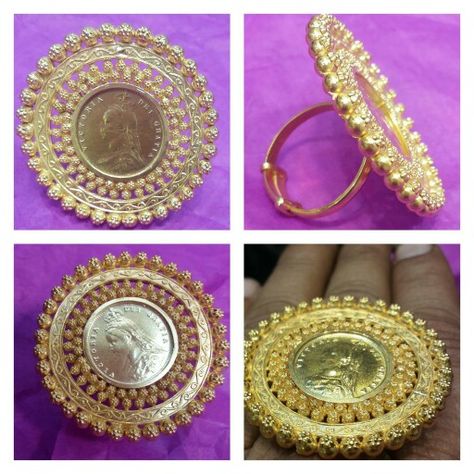 gold coin /cockte ring/ring Gold Ginni Jewellery, Ginni Ring Designs Gold, Ginni Ring, Lira Jewelry, Ring Designs Gold, Gold Coin Jewelry, Gold Coin Ring, Dubai Gold Jewelry, Gold Earrings Indian