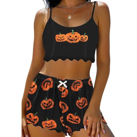 PRICES MAY VARY. Comfortable and Flattering Fit: Made from 100% polyester, the slim fit and bodycon design ensure a flattering and comfortable wear. The elastic waistband on the shorts provides a secure fit, while the ruffle hems add a playful touch. Perfect for Halloween and Beyond: This women & teens girls Halloween 2 piece outfit features a fun and festive print with pumpkins, ghosts, bats, witches, spiderwebs, moons, stars, letters, candy, and haunted houses, making it ideal for Halloween pa Pumpkin Pajamas, Lingerie Pajama, Shorts Pajamas, Halloween Pajamas, Outfits Y2k, Spring Shorts, Halloween 2, Women Halloween, High Waist Shorts