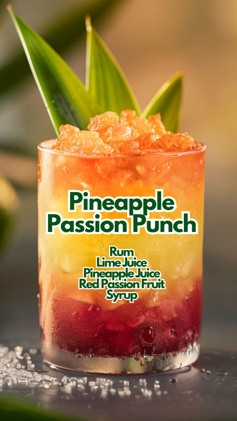 Pineapple Passion Punch Passion Fruit Rum Punch, Cocktails With Passion Fruit Syrup, Passion Fruit Mocktail Recipe, Alcoholic Drinks For A Party, Tropical Punch Recipe, Fruity Rum Drinks, Pineapple Rum Drinks, Passion Fruit Cocktail, Cocktails Ideas